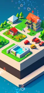 3D isometric miniature village wallpaper with colorful houses and trees.