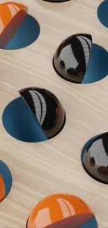 3D spheres in black and orange on modern wallpaper.