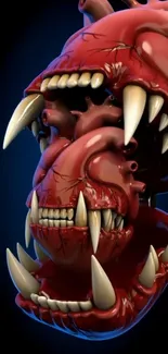 3D monster heart with sharp teeth on black background.