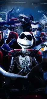 Cartoon characters in 3D glasses enjoying a Halloween-themed movie night.