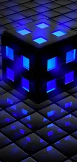 3D neon blue cube on a reflective black background.