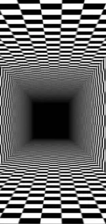 3D optical illusion with a checkered tunnel design in black and white.