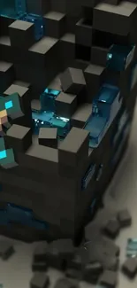 3D pixel art with turquoise sword embedded in an abstract blocky design.