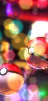 3D Poké Balls glowing in bright, colorful background.