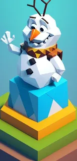 Colorful 3D polygon snowman on layered blocks.