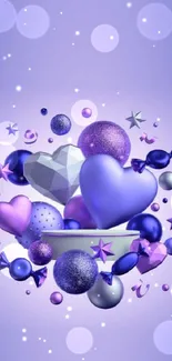 Vibrant 3D purple heart and geometric shapes wallpaper.