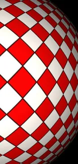 3D red and white checkered sphere on black background.