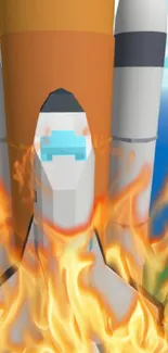 3D animated rocket launch with flames and blue sky background.