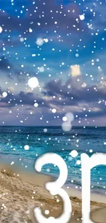 3D snowy beach wallpaper with ocean view.