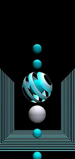 3D abstract design with blue spheres and geometric patterns on black background.