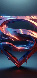 3D superhero symbol with blue and red colors on a dark background.