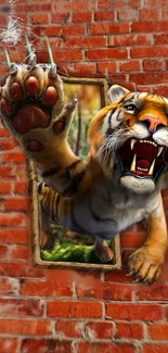 3D tiger breaks through a brick wall in vivid mobile wallpaper art.