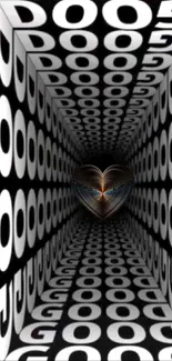 Black and white 3D tunnel optical illusion wallpaper with geometric design.