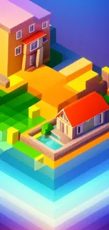 3D voxel art of colorful houses in vibrant geometric landscape.