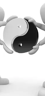 3D depiction of Yin Yang symbol held by abstract figures.