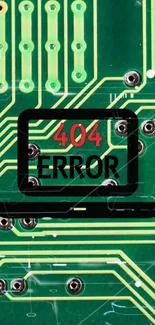 Mobile wallpaper with a 404 error on a green circuit board design.