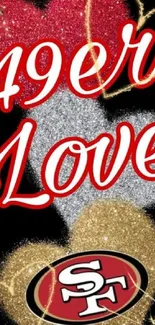 49er Love glitter heart wallpaper with team logo.