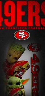 49ers themed wallpaper with iconic characters holding footballs.