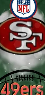 San Francisco 49ers emblem with red and gold accents on a dark background.