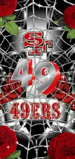 49ers themed wallpaper with red roses and spider web.