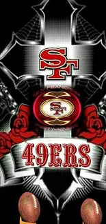 Vibrant 49ers themed mobile wallpaper with red roses and football symbols.