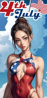 Anime woman in patriotic attire with July 4th theme, under a blue sky.