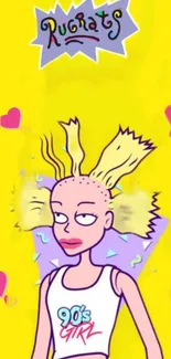 90s cartoon character on a yellow background with colorful accents.