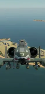 A-10 Thunderbolt flying above the ocean with scenic coastal view.