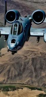 A-10 Thunderbolt II soaring over a desert landscape.