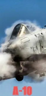 A-10 Thunderbolt aircraft flying through the sky with smoke trailing behind.