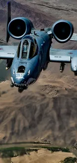 A-10 Warthog flying over barren desert.