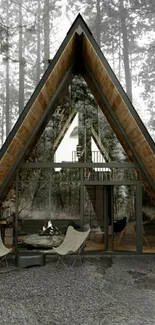 A-frame cabin nestled in a misty forest setting, creating a serene mobile wallpaper.