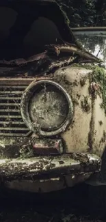 Abandoned vintage car in a mossy forest setting, exuding rustic beauty.