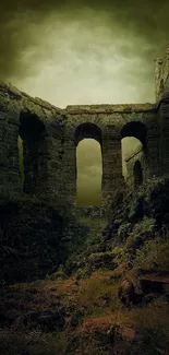 Abandoned castle ruins under cloudy sky with ominous atmosphere.