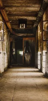 Eerie abandoned corridor with rustic textures and warm lighting.