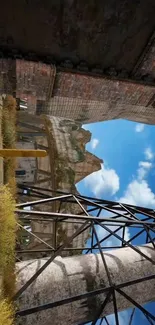 Rustic architecture with blue sky background, featuring historical bricks and metal.