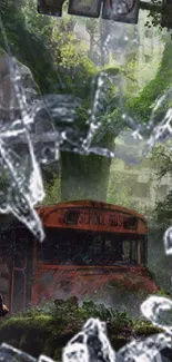 Abandoned school bus in overgrown forest setting, artistic scenery.