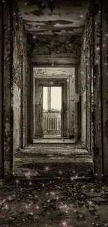 Abandoned hallway with mystical glow and textured walls.