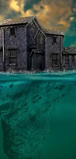 Abandoned house submerged in turquoise ocean under dramatic skies.