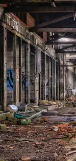 Abandoned industrial corridor with graffiti and debris.