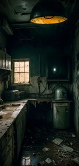 Abandoned industrial kitchen with dark, rustic charm and vintage textures.