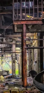 Abandoned industrial site with rusted beams and scattered debris.