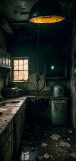 Dark abandoned kitchen wallpaper with vintage details and industrial aesthetic.
