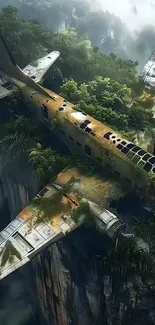 Abandoned plane in lush green jungle, nature-inspired wallpaper.