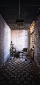 Eerie abandoned room with dark tones and vintage feel.