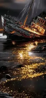 Abandoned ship at sunset with golden reflections on shore.