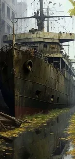 Eerie abandoned ship in a misty canal setting with autumn leaves.