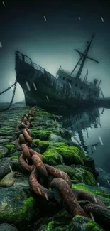 Abandoned ship in a misty harbor with moss-covered rocks.