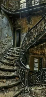 Abandoned rustic spiral staircase with peeling walls in a mysterious setting.