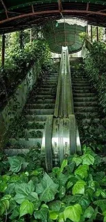 Overgrown staircase with lush green vines in an abandoned urban setting.